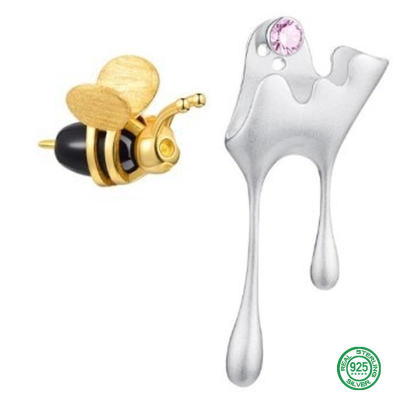 

Stud S925 Sterling Silver Bee Earrings For Women Gold Honey Drip Irregular Asymmetric Fashion Personality Jewelry, Golden;silver