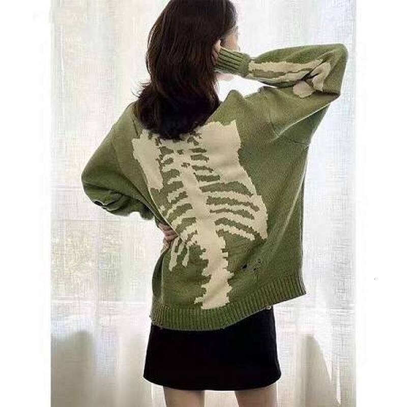 

2021 New Fashion Skeleton Bone Print Damage Hole Men Woman Best Quality Hip-hop Vintage Kapital Sweater Xsjs, Green
