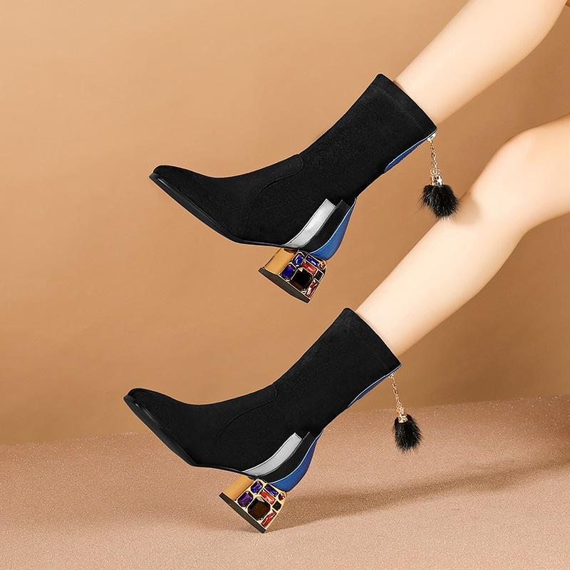 

Boots Sexy Plus Velvet Warm Stretch Women 2021 Spring Mid-heel Short Rhinestone Party Dress Mid-tube Thin Riding, Plus cashmere