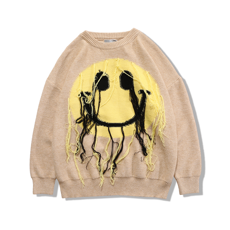 

2021 New Japanese Smiley Tassel Sweater Men and Women Loose Oversize Pullover Harajuku Casual Sweaters Kintted High Street Fringe Clothes 76, Khaki