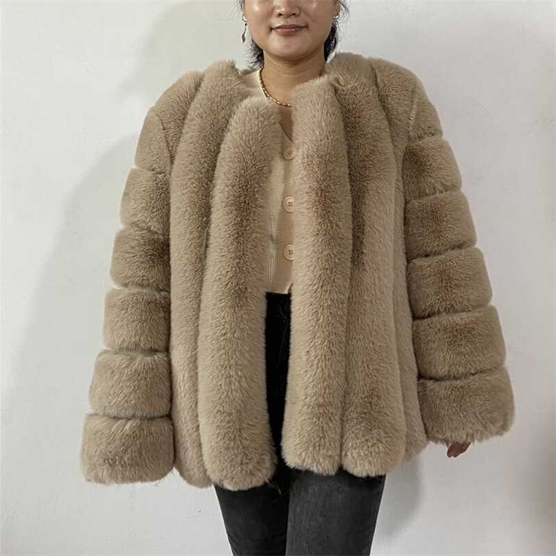 

faux Fur Autumn Winter Coat Women Clothes High Quality overcoat Plus Size Thicken Warm Long Coats Female 211123, Beige