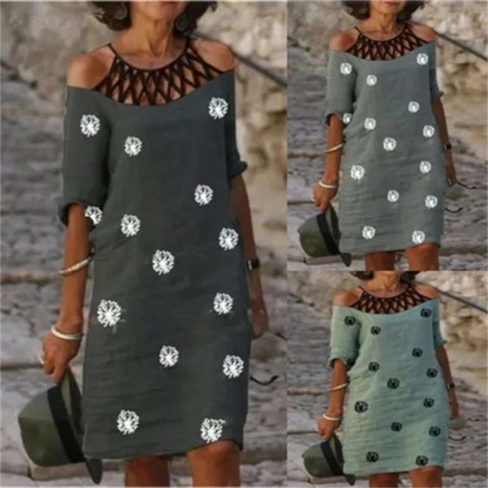 

Summer dress women's printing net collar medium length, Black;gray