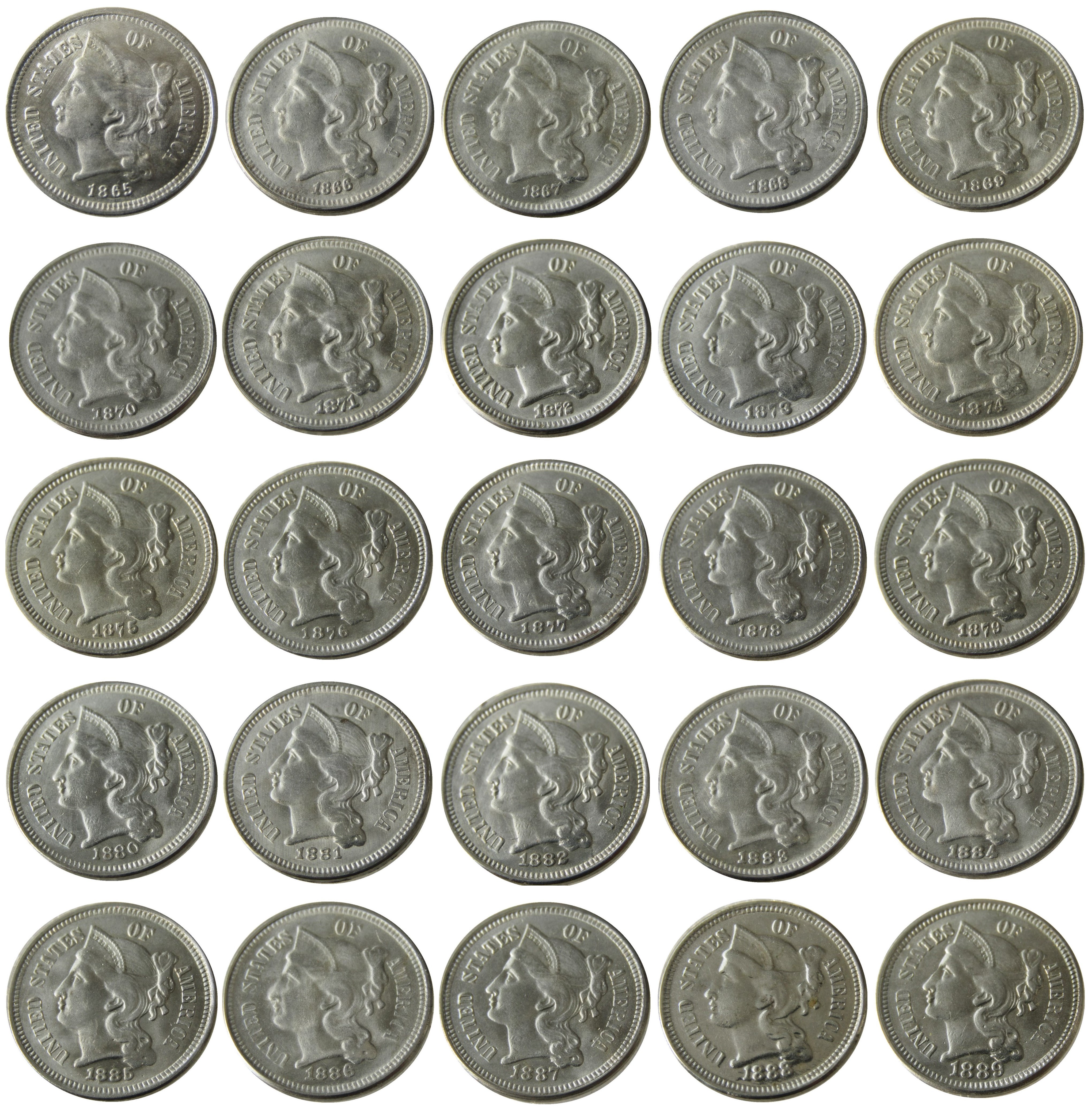 

US A set of(1865-1889) 25pcs Three Cent Nickel Copy Coin metal craft dies manufacturing factory Price