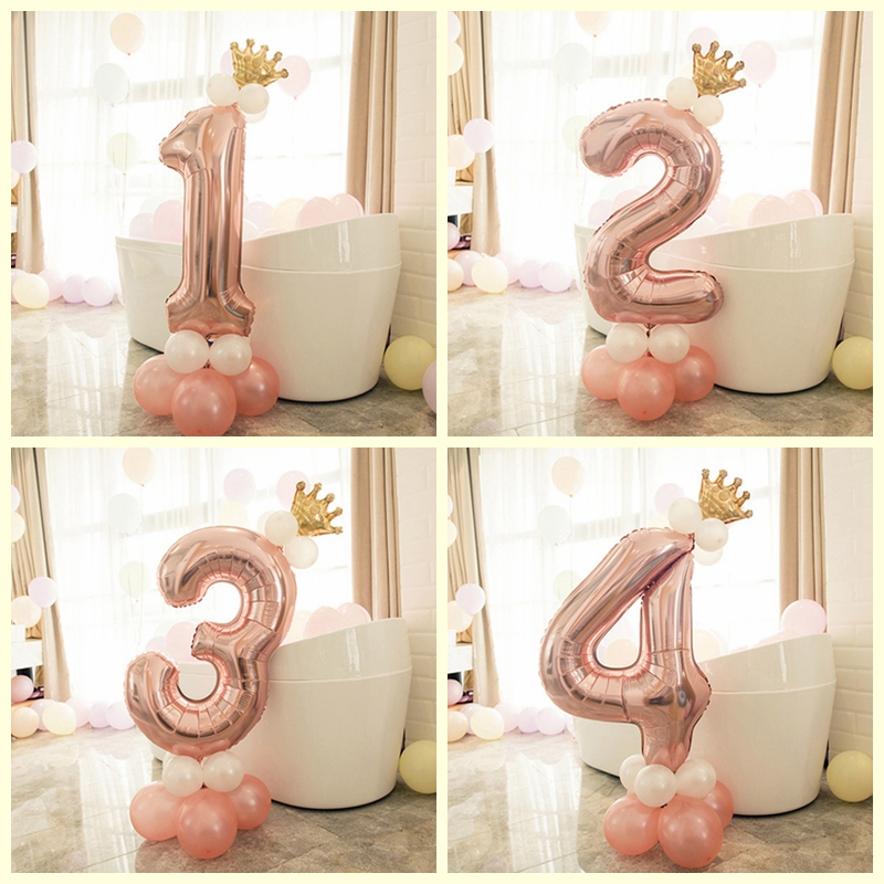 

14pcs Number Foil Rose Gold Latex Balloons Happy Birthday Party Decorations Kids Baby Girl 1st 1 2 3 4 5 6 7 8 9 One Years Old, As described