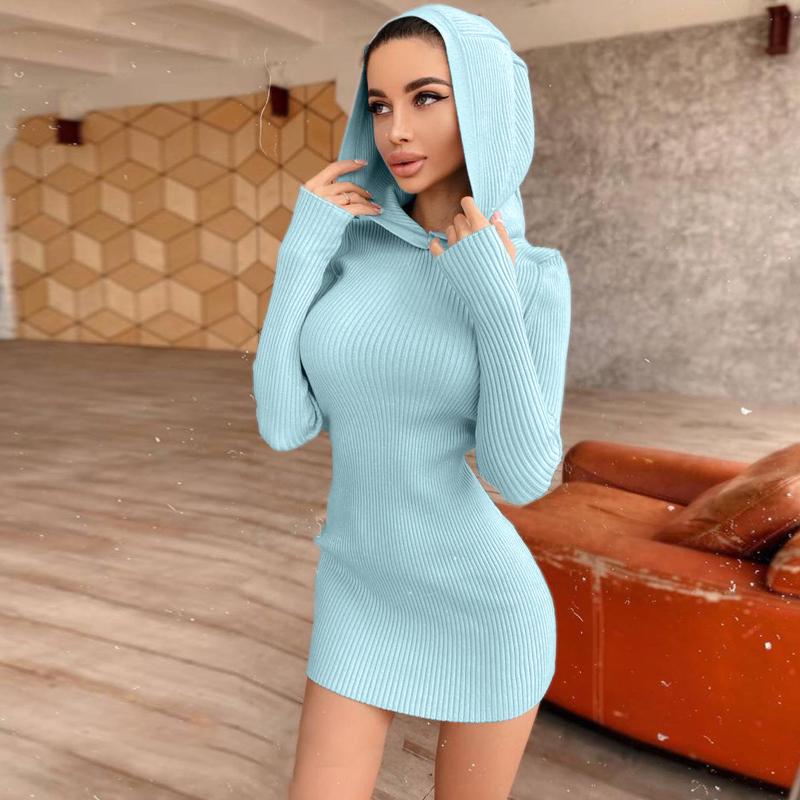 

Casual Dresses 2021 Women Sexy Wrapped Dress Long Sleeve Hooded Knitting Solid Color Bodycon Mini Street Sweater, Black