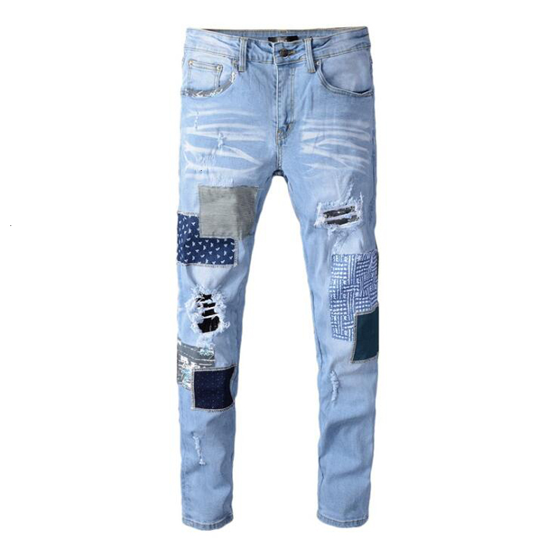 

2021 Top quality Men's Male Man Patchwork Ripped Jeans Light Blue Holes Stretch Denim Pants Patch Design High Quality Trousers LXW9, Beige