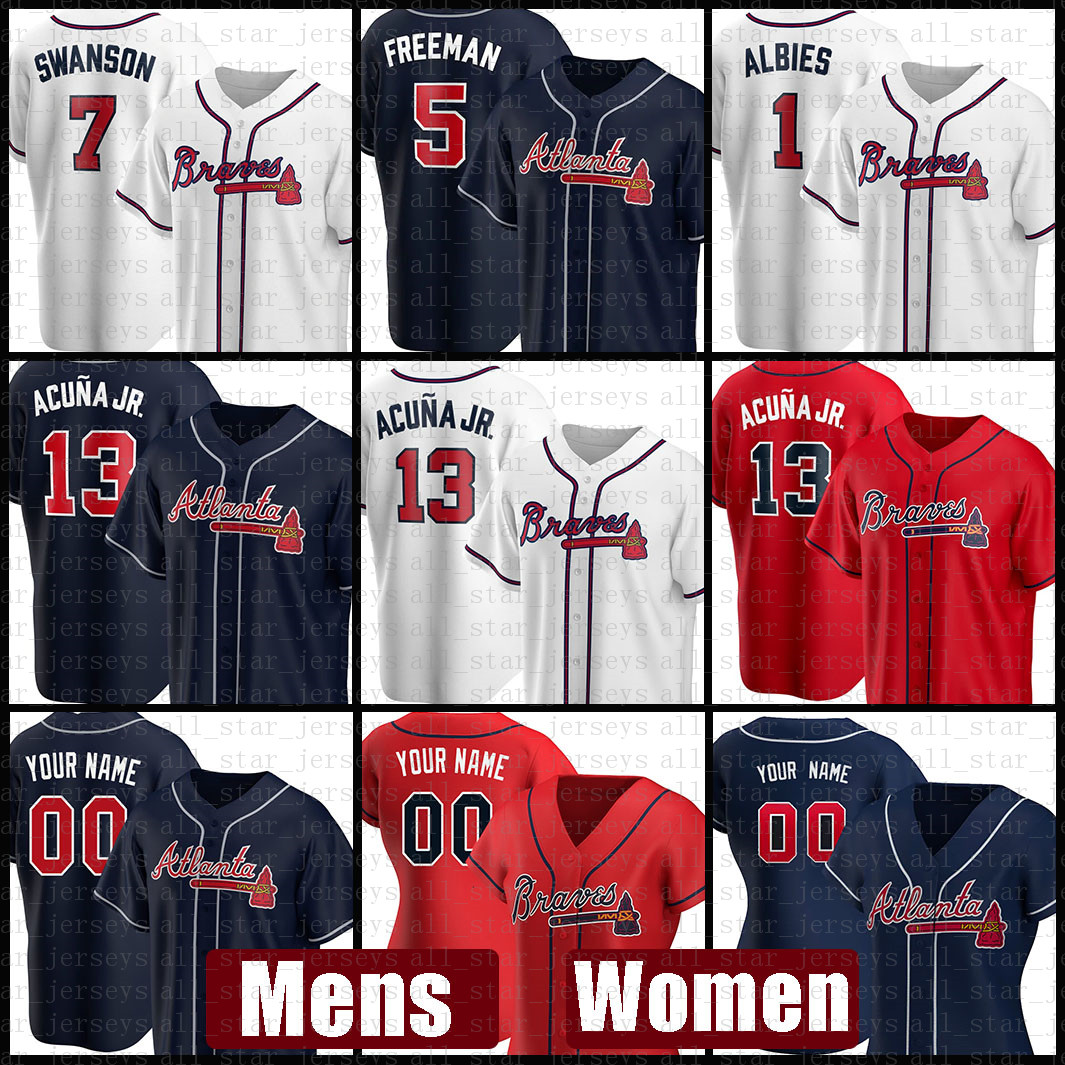 

Mens Atlanta Women Braves Baseball Jersey 13 Ronald Acuna Jr. Custom 5 Freddie Freeman 7 Dansby Swanson 1 Ozzie Albies 10 Chipper Jones, Blue;black