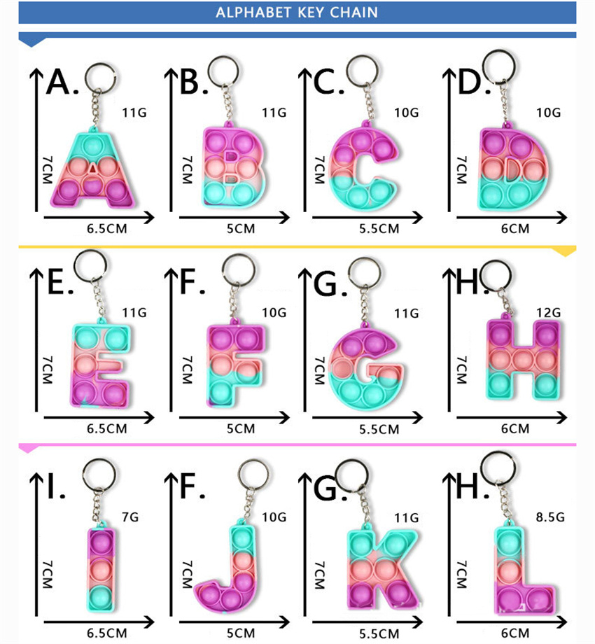 

26 letters & numbers Sensory fidget pop bubble poppers key ring Alphabet shape push bubbles popper board keychain hangings D104 15%