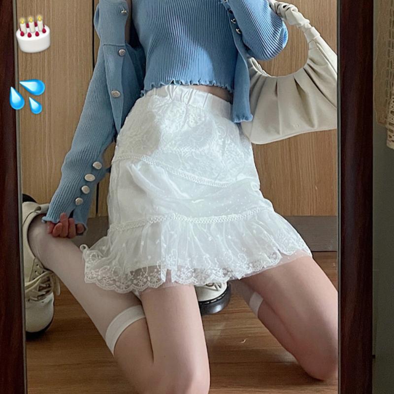 

Skirts Lace Stitching Skirt Female Summer French Temperament Slim A-line Sweet Cool Wild Ins, Cardigan two-piece