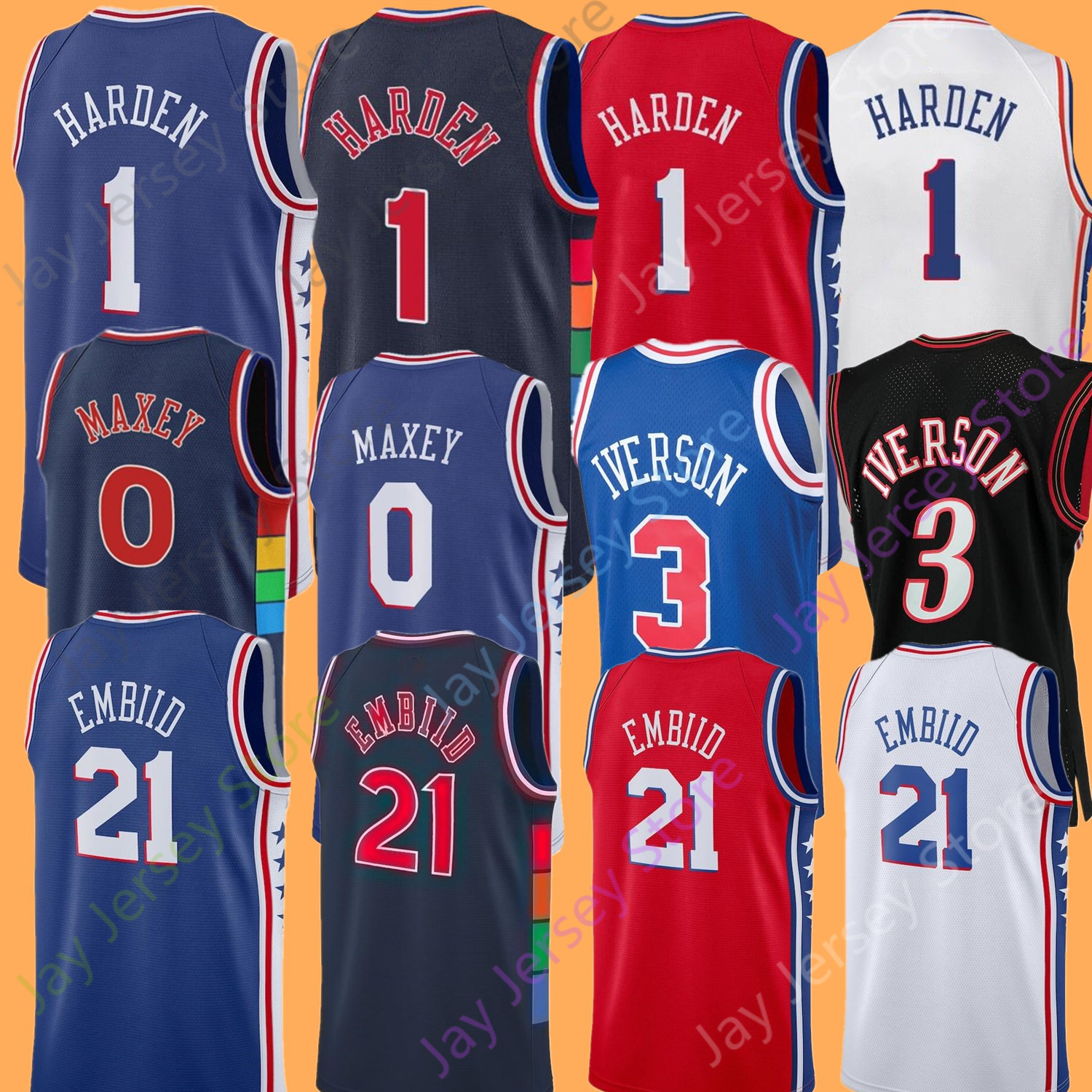 

James Harden Jersey Basketball 3 Allen Iverson 21 Embiid 0 Tyrese Maxey Jerseys Home Away 2022 City White Black Red Blue Cream Men Women Youth, 1 james harden