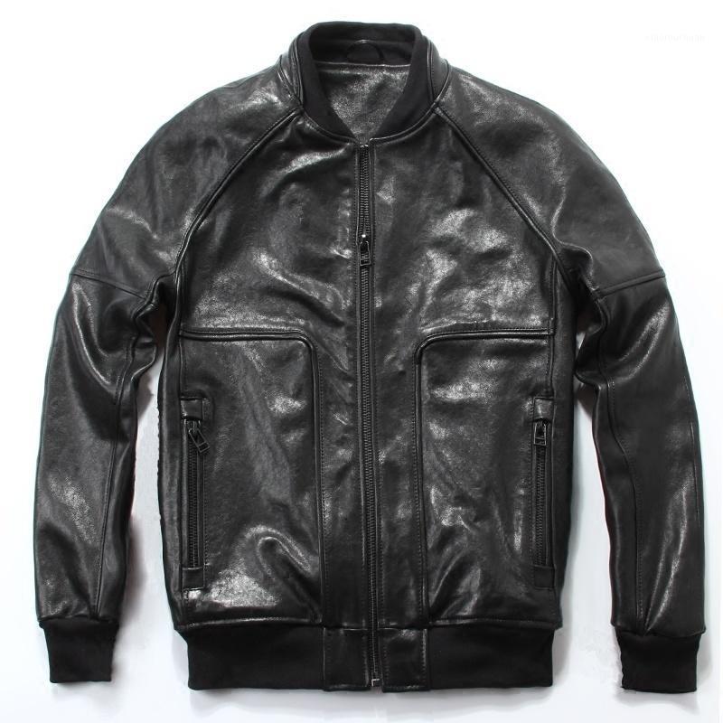 

Men's Leather & Faux Genuine Fashion Baseball Jacket Natural Soft Sheepskin Casual Coat Men Slim Fit Pilot For, Black