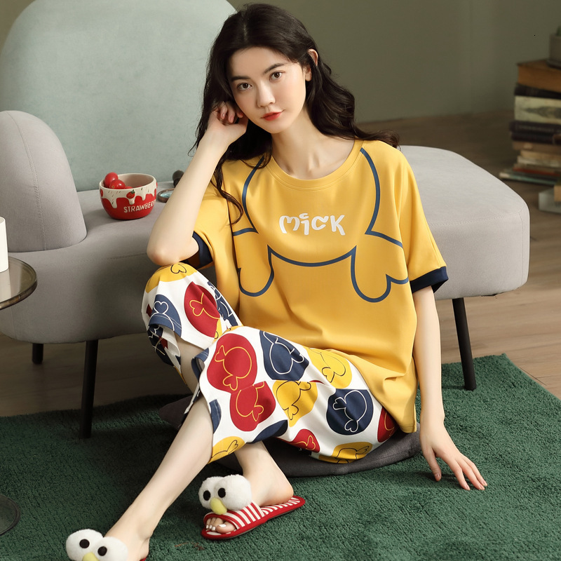 Women&#039;s Pajamas Summer Pure Cotton Thin Short Sleeve Capris Casual Spring and Autumn Xinjiang Household Clothes Women-image-702726654