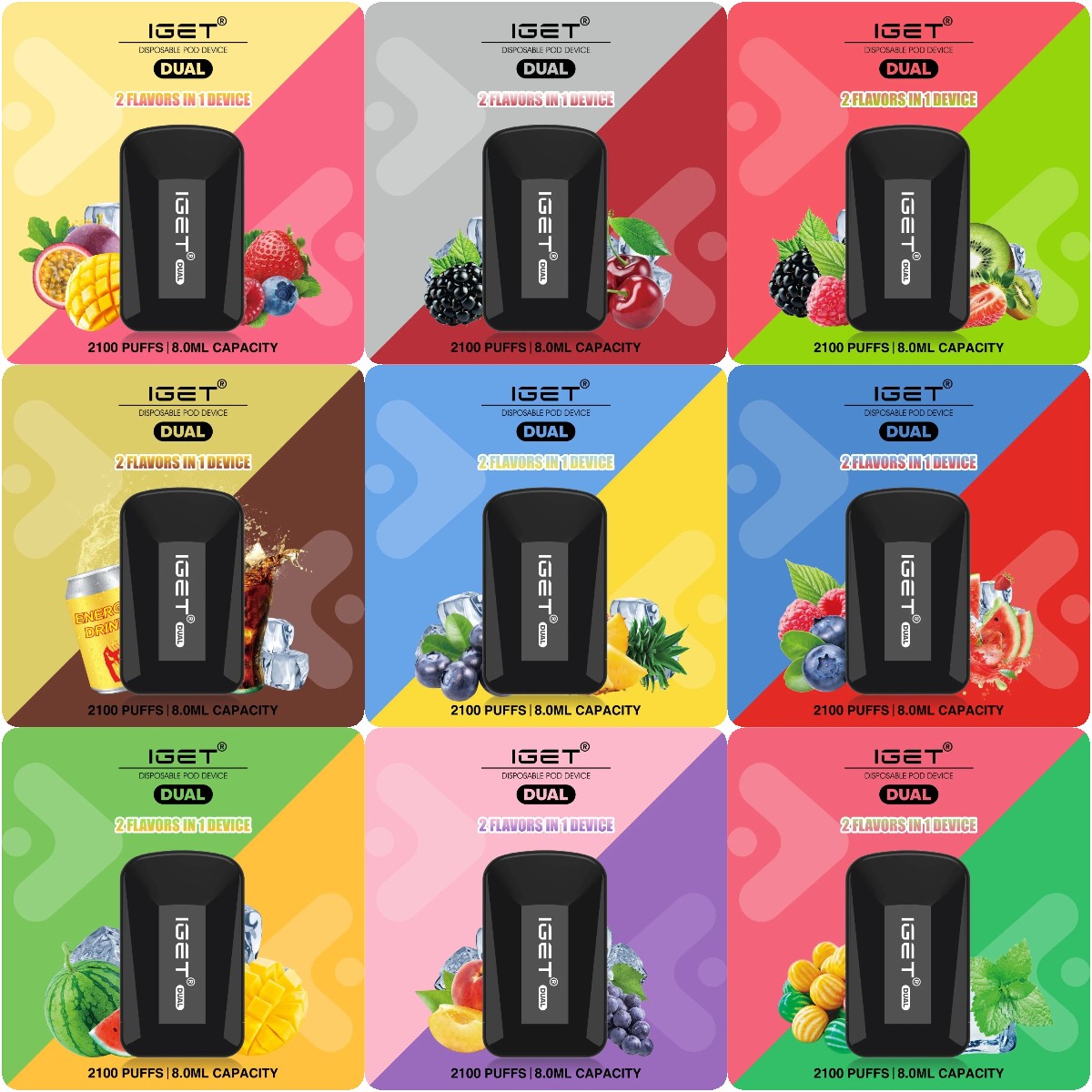 

Original IGET Dual Disposable E-cigarettes Device Kit 2100 Puffs 1000mAh Battery ml Prefilled Cartridge Pod 2 in 1 Box Vape Pen