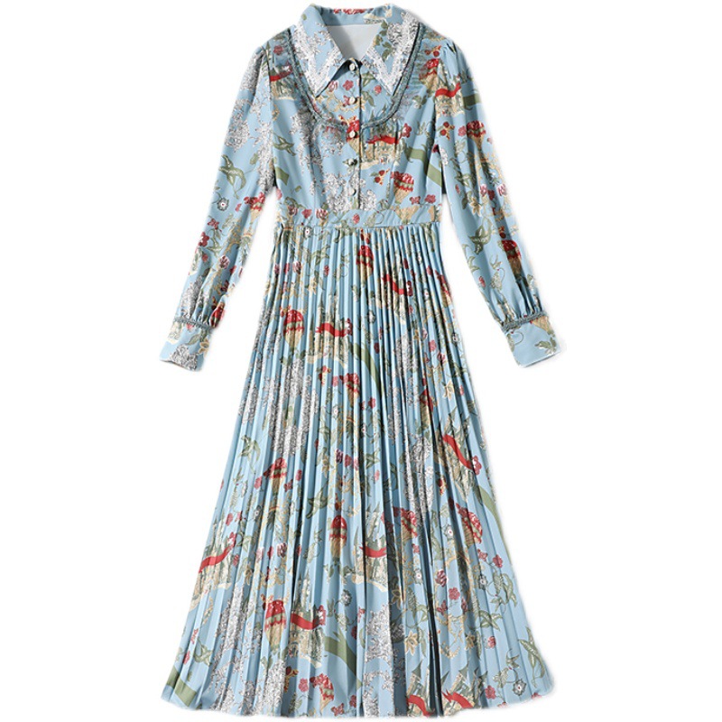 

High Quality Dress Summer New Arrival Women's Lace Lapel Fashion Print Long Sleeve Slim Pleated Mid-length Dress Size M-2XL, Multi