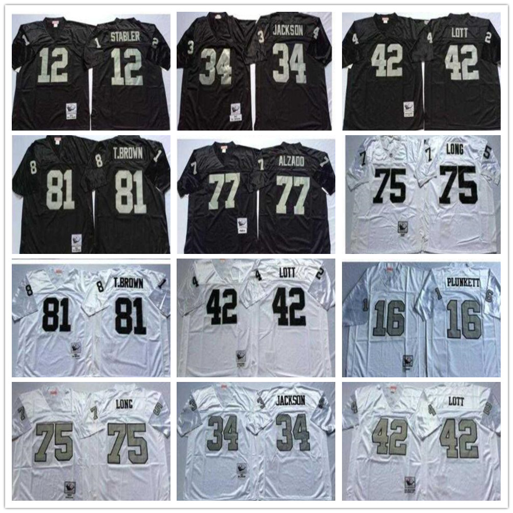 

NCAA Football 12 Ken Stabler Jersey 34 Bo Jackson 16 Jim Plunkett 32 Marcus Allen 25 Fred Biletnikoff Lester Hayes 42 Ronnie Lott 75 Howie Long Man Vintage Black White, As shown in illustration