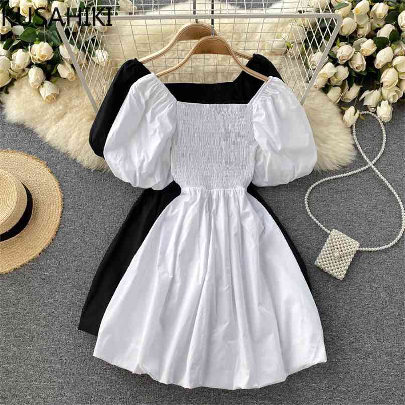 

Woman Dress Sweet Puff Sleeve Suqare Collar Vestidos Femme Summer Slim High Waist A-line Mujer 6J820 210603, White