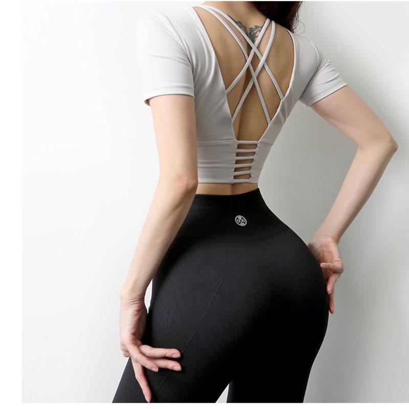 

Women Inner Pad Short Sleeve Fitness T Shirt Workouts Stretchy Yoga Crop Top Cross Shirts Built In Bra Sport Outfit, Black