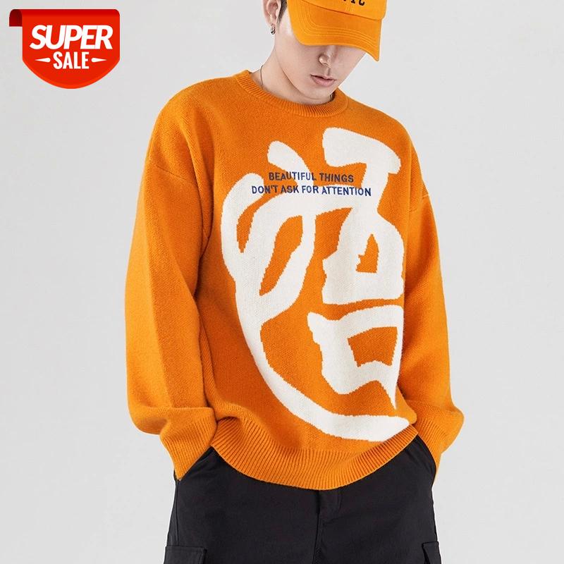 

Chinese calligraphy pattern jacquard sweater retro lovers' pullover Harajuku large size loose Guochao sweater #kB58, White;black