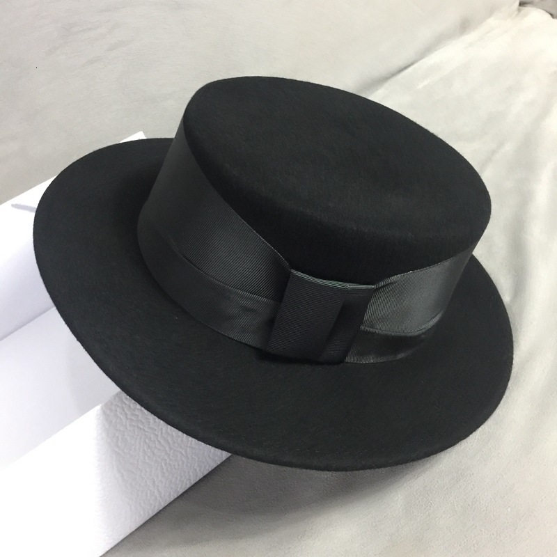 

2021 New Elegant Black Winter Wide Brim Felt Ribbon Bowknot Ladies Fedoras Party Wedding Church Hat for Women Adjustable Yo65