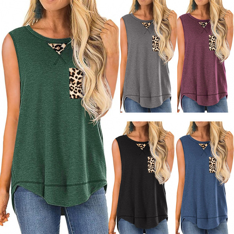 

2021 spring and summer new round neck svels patchwork leopard print vt irregular t-shirt, White