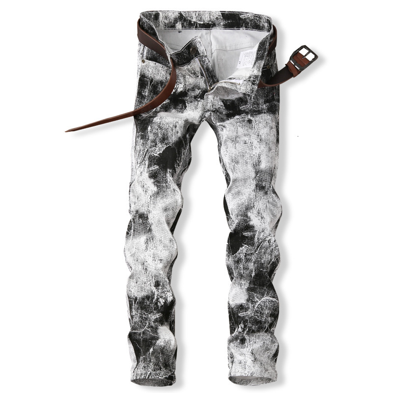 

2021 New Men's Male European American Fashion Personality Black and White Splash Ink Print Jeans Slim Denim Pants Nightclub Trousers J1m9, Beige