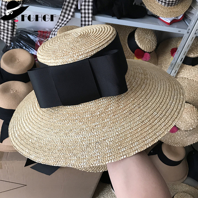 

2021 New Elegant Women Wide Brim Straw Floppy Summer Sun Holiday Boater Beach Cap Band Bow Kentucky Derby Hat Sombreros Dff2, With black bow