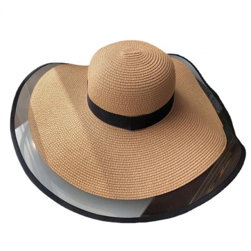 

Wide Brim Hats Beautiful Sun Hat Lightweight Windproof Women Mesh Patchwork Protection Beach Cap, Beige
