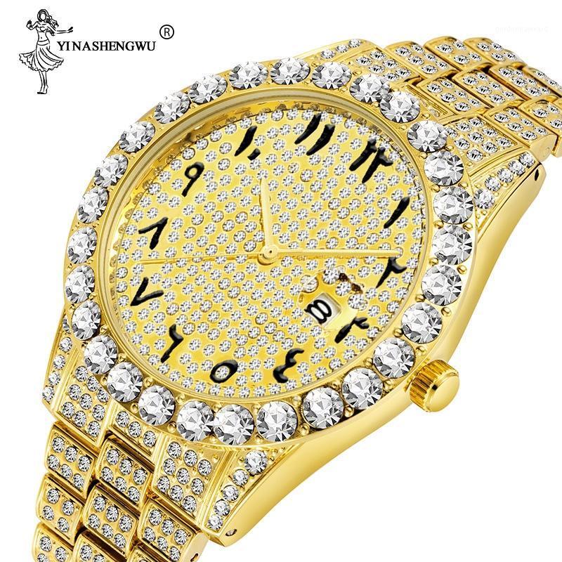 Wristwatches Arabic Numerals Mens Watches Top Watch Men 18k Gold Big Diamond With Canlender Classic Male Iced Out Fashion