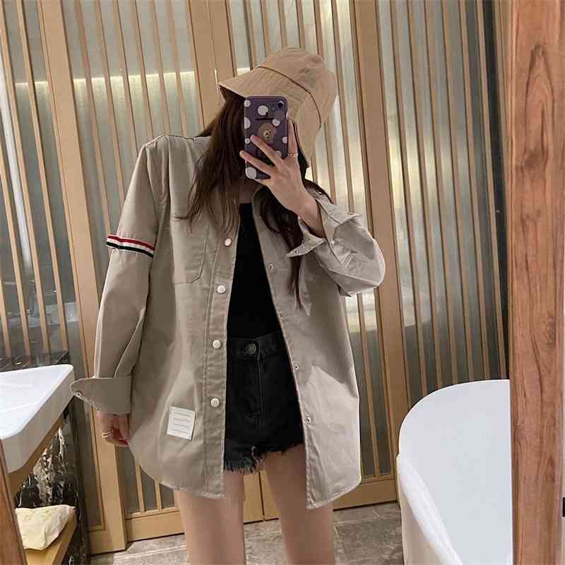 

2021 spring and autumn new TB ribbon label Khaki long sleeve loose size couple wear BF style shirt, Black
