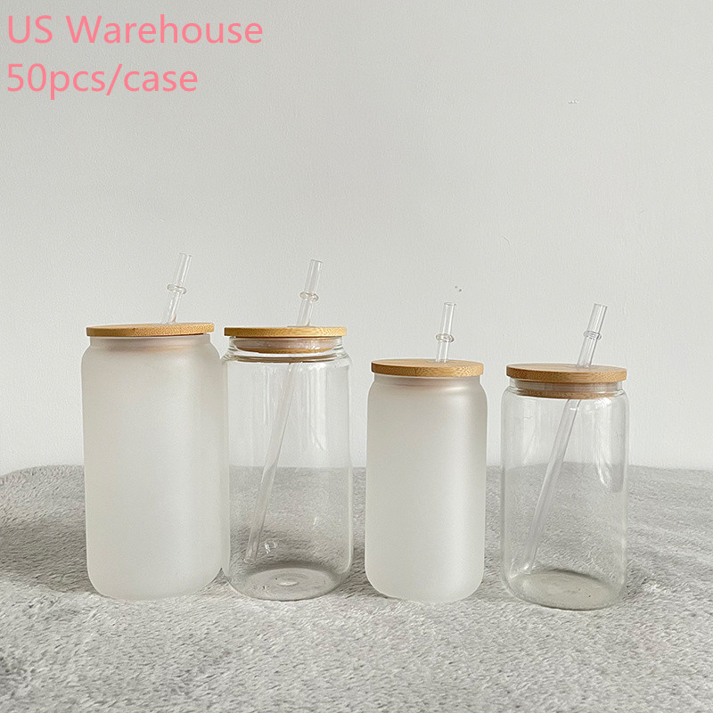 

US Warehouse 12/16oz Sublimation Glass can Beer Mugs tumbler with Bamboo Lid Straw 12oz 16oz 25oz DIY Blanks Frosted Clear Can Shaped Tumblers Cups