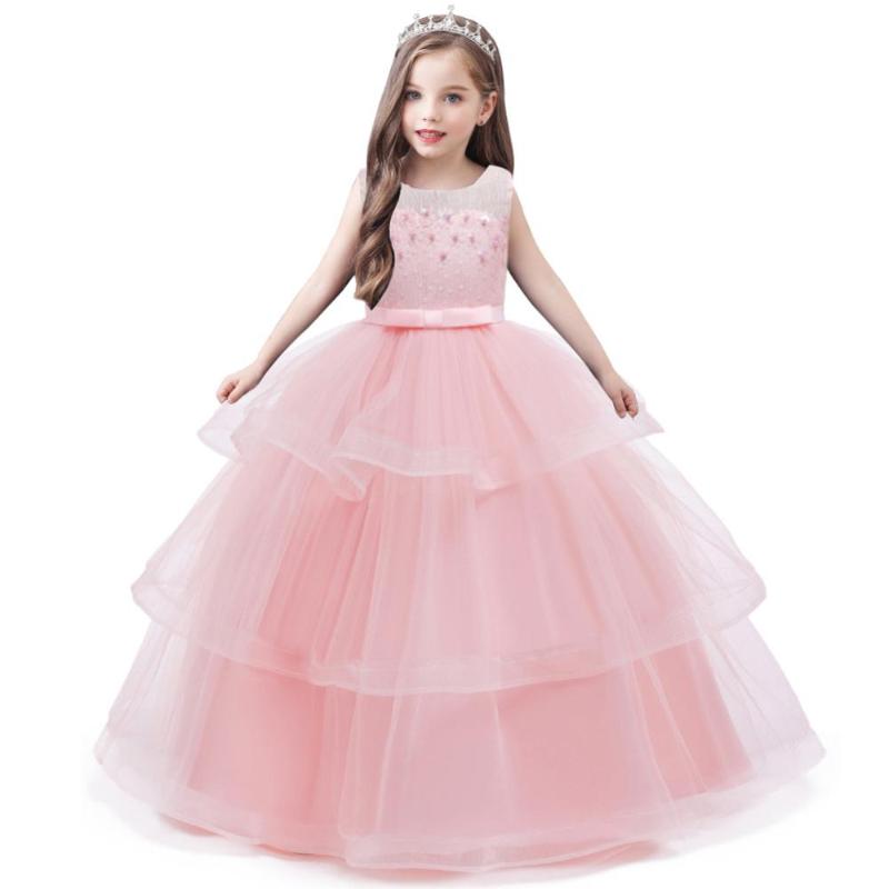 

Girl's Dresses 4-14 Year Old Girl Party Evening Dress Children Sweet Fluffy Wedding Lace Bead Kids Girls Catwalk Clothes, Pink