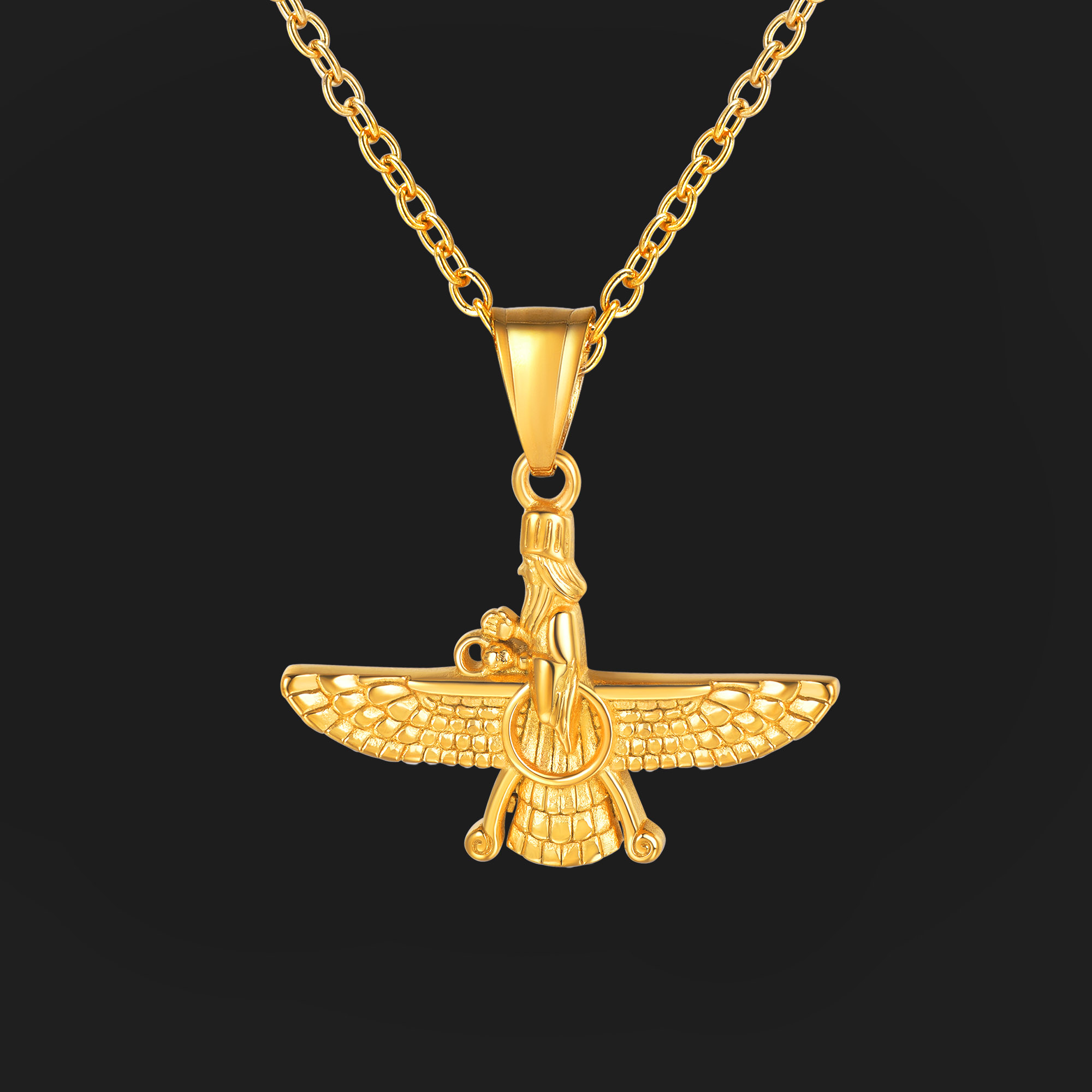 

Farvahar Pendant Chain Stainless Steel/Black Gun/18K Gold Plated Symbol Iran Persian Gift Necklace for Men Women