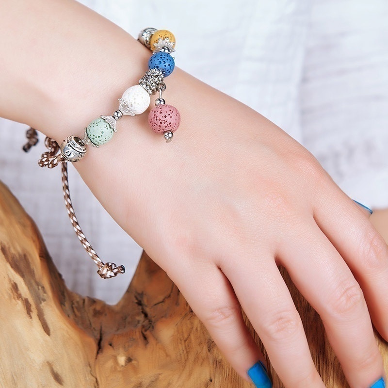 

Fashion Bohemian Handmade Volcanic Stone Bracelet Energy Rock Punk Beaded Bangle Jewelry Accessories Adjustable Wristband, Black
