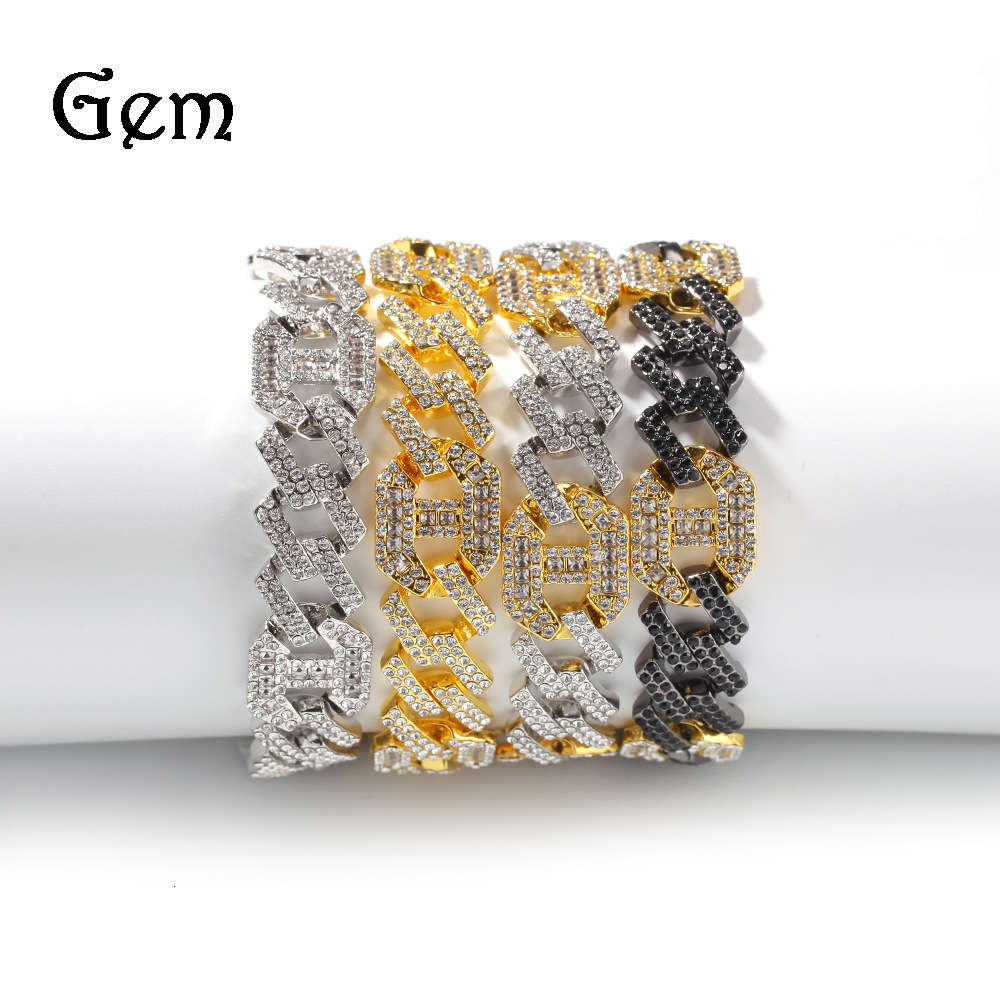

Hot hip hop Bracelet exaggerated color matching 17mm Geometric Shape Diamond Bar Cuba chain bracelet Jewelry