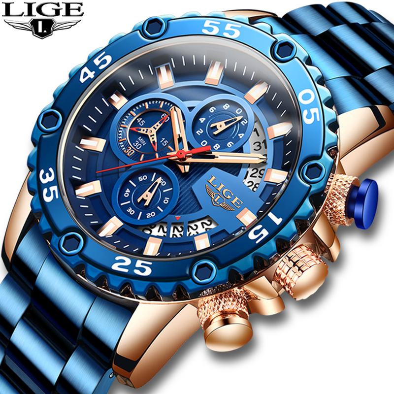 

Wristwatches LIGE Mens Watches Classic Aesthetic Design Man Watch Sport Waterproof Stainless Wristwatch Men Quartz Relogio Masculino+BOX, Slivery;brown