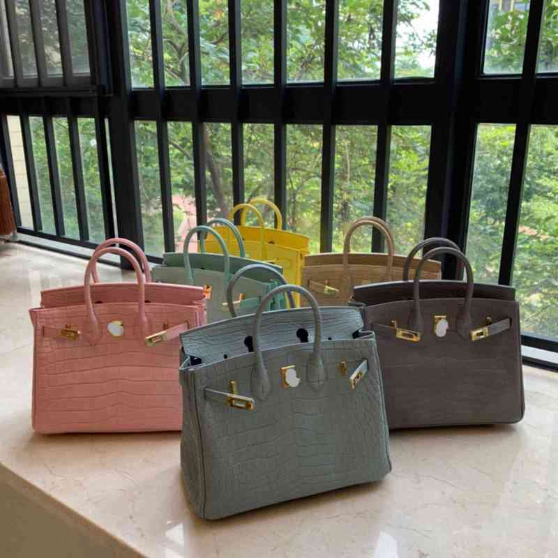 

Shoulder New Single Birkin Women's 25cm Crocodile Cowhide Handbag Messenger Leather Bag, Flax blue