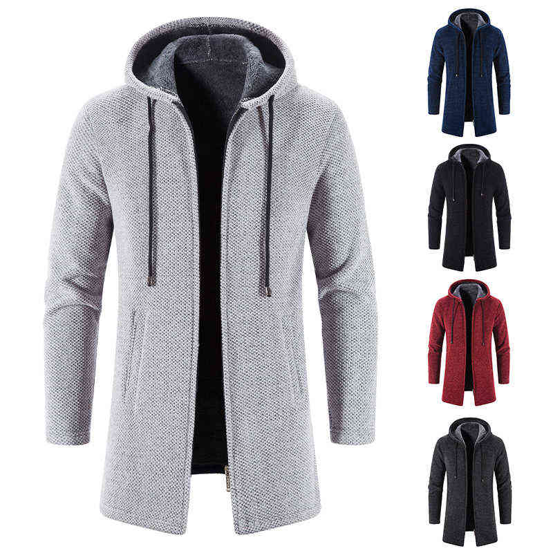 

Men's autumn/winter long coat grab cashmere sweater thick warm hooded jumper cardigan fashion solid color jacket 211109, M 50-55kg