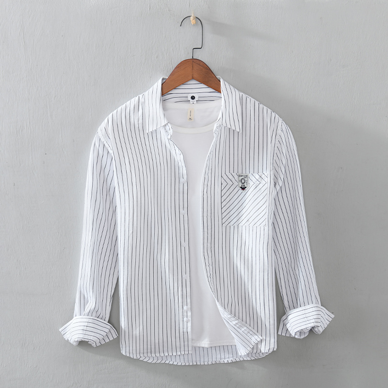 

2021 Pure White Cotton Striped Casual Spring Comfortable Fashionable Shirts Stripe Man's Shirt Chemise Y2vy