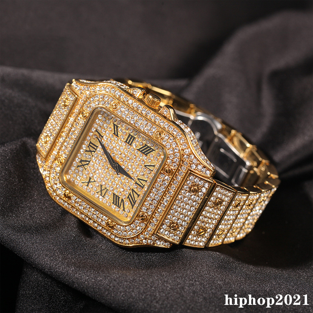 

Full Diamond Iced Out Wristwatch New Fashion Hip Hop Punk Gold Silver Mens Watch Calendar Quartz Women Square dial Watch Gift