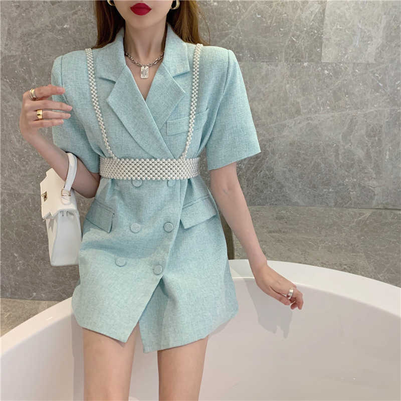 2021 Summer Versatile Heavy Industry Pearl Sling + Cotton Hemp Short Sleeve Thin Coat Drs Suit-image-702400063