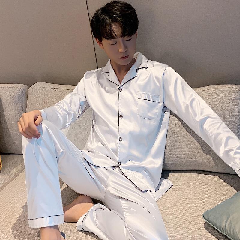 

Men's Sleepwear FZSLCYIYI Summer Suit Long Sleeve Pants Silk Men Pajama Sets Sleep White Satin Rayon Pyjama Pyjamas Male, Black