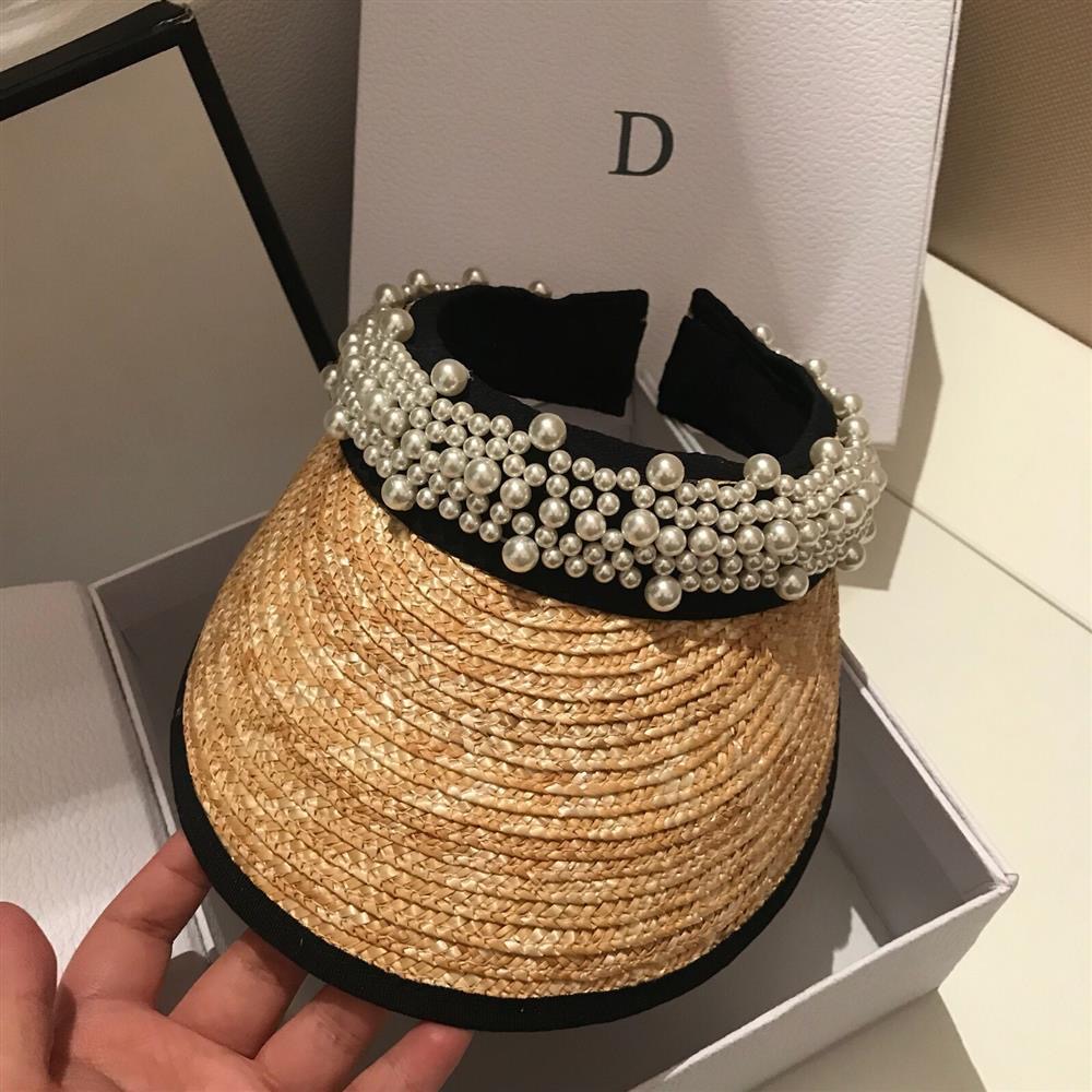 

2021 New Fashion Pearl Straw Caps Without Top Holiday Beach Hat Womens Wide Brim Hats High Quality Sun Hat Tide Fisherman Hats, White