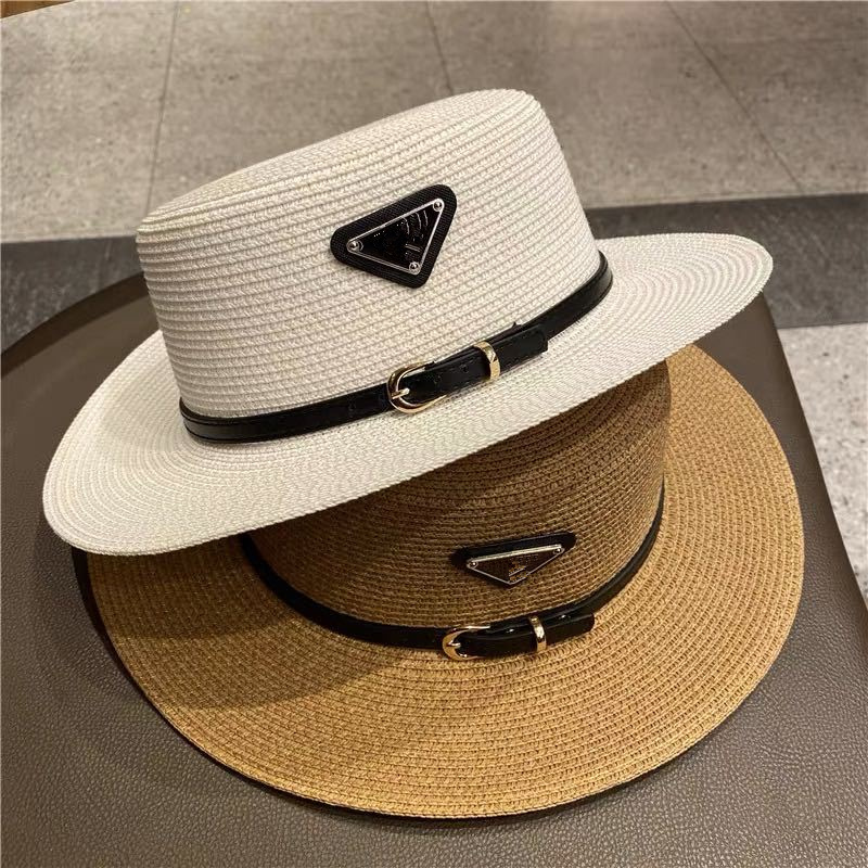 

New Fashion Summer Panama Designer Style Letter hats Strips Hand-woven Ladies Straw Hat, Beige