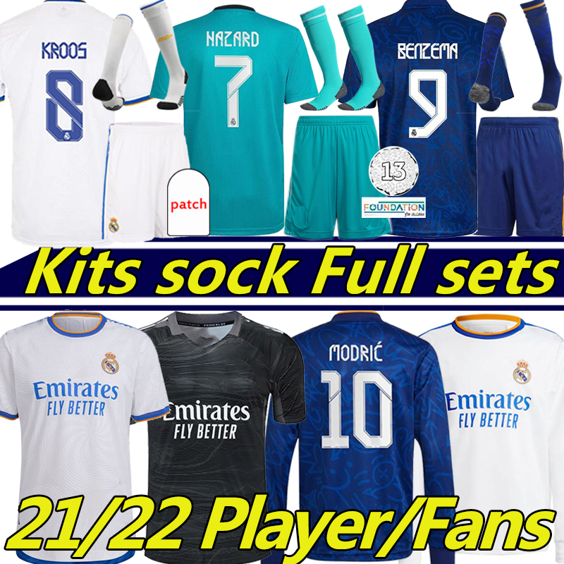 

21/22 REAL MADRID soccer jerseys fans player version ALABA HAZARD CAMAVINGA BENZEMA ASENSIO MODRIC MARCELO Long sleeve football shirt GK Kits sock Full sets 2021 2022, 21-22 rm goalkeeper