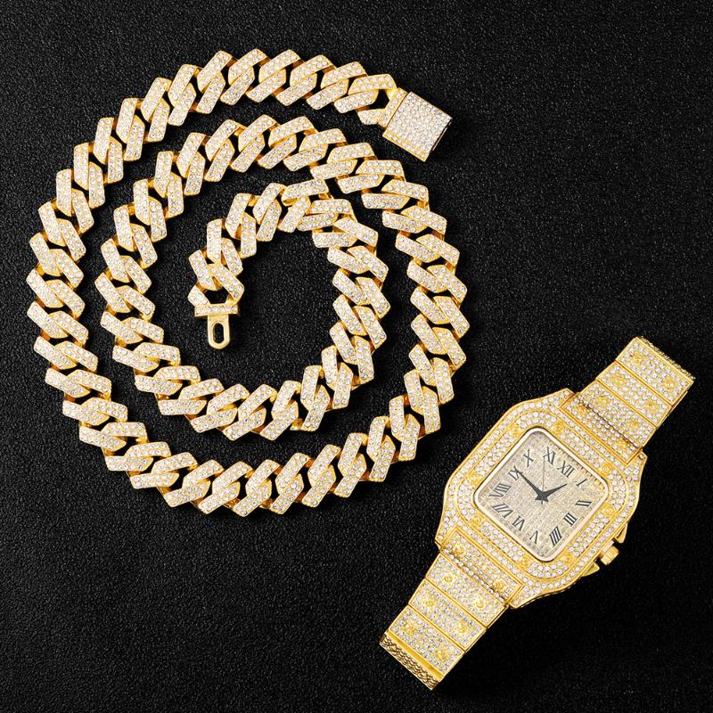 

Pendant Necklaces Hip Hop + 13.5MM Prong Cuban Chain 2 Row Iced Out Bling Rhinestone Zircon Paved Bracelets For Men Women Jewelry, Silver