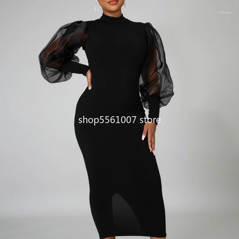 

Casual Dresses Black Bodycon Women Dress Patchwork Mesh Long Lanter Sleeves Slit Mid-length Slim 2021 Elegant Fashion Female Vestidos