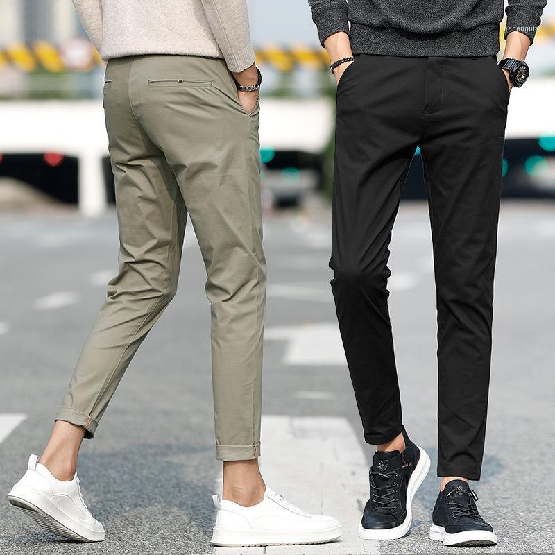 

Men Autumn Winter Cotton Nine-minute Casual Trousers Slim-fit Korean Style Pants Slim Male Straight Fashion L751, Black