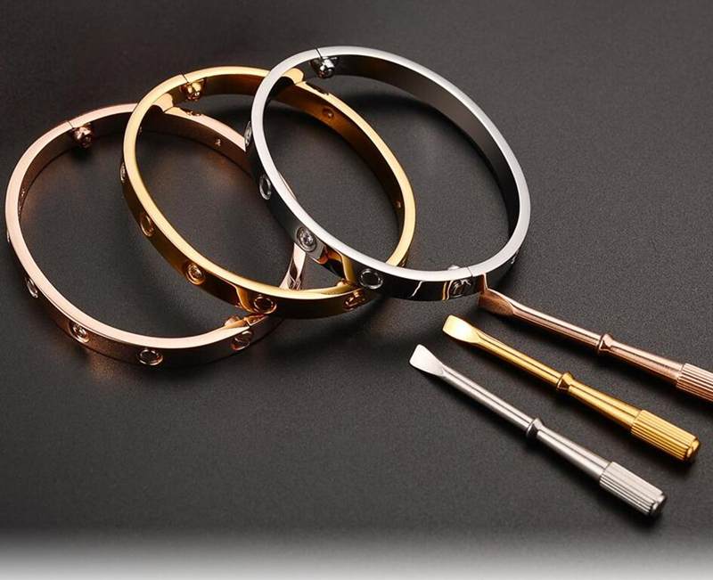 

Love Bracelet Bangles Women Men 4CZ Titanium Steel Screw Screwdriver Bracelets Gold Silver Rose Nail Bracelet Jewelry with velvet bag