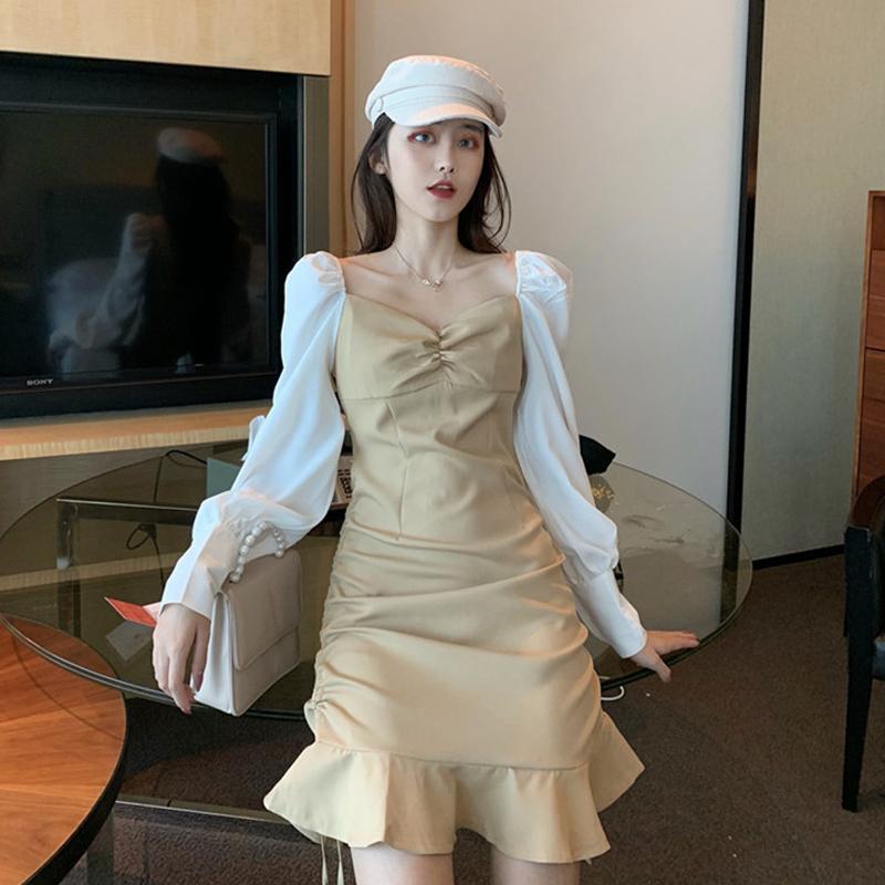 

Casual Dresses Korean Style Panelled Long Sleeve Ruffles Dress Women Spring Pleated Vneck Fashion Vestidos Elegant Women' Clothing, Black