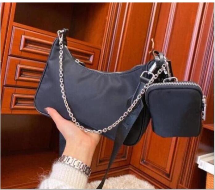 

new High quality women 2pcs/set Size24CM shoulder bag waterproof canvas Nylon Chest pack lady Tote chains handbags purse messenger crossbody bag, Black